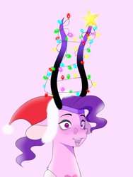 Size: 1486x1978 | Tagged: safe, artist:aztrial, derpibooru import, oc, oc only, oc:doodles, draconequus, christmas, christmas lights, coat markings, cute, draconequus oc, female, hat, holiday, open mouth, pink background, santa hat, simple background, solo