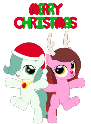 Size: 2100x2850 | Tagged: safe, artist:tenebris, derpibooru import, oc, oc only, oc:cherry bottom, oc:emerald jewel, earth pony, pony, antlers, christmas, colt, colt quest, earth pony oc, femboy, foal, hat, holiday, male, merry christmas, santa hat, simple background, transparent background