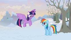 Size: 1280x726 | Tagged: safe, artist:benpictures1, rainbow dash, twilight sparkle, twilight sparkle (alicorn), alicorn, pegasus, pony, cute, dashabetes, female, flower in ear, looking at each other, mare, snow, twiabetes, twidash