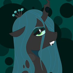 Size: 1500x1500 | Tagged: safe, artist:dsstoner, queen chrysalis, changeling, changeling queen, insect, bust, eyeshadow, fangs, female, makeup, mare, portrait, side view, smiling, smirk, solo