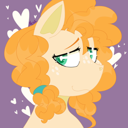 Size: 1500x1500 | Tagged: safe, artist:dsstoner, pear butter, earth pony, pony, bust, female, freckles, heart, mare, portrait, smiling, solo