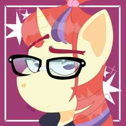 Size: 1500x1500 | Tagged: safe, artist:dsstoner, moondancer, pony, unicorn, bust, clothes, eyebrows, female, glasses, looking at you, mare, nerd, portrait, smiling, smirk, solo, stars