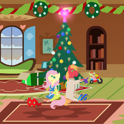 Size: 2880x2880 | Tagged: safe, anonymous artist, derpibooru import, big macintosh, fluttershy, oc, oc:late riser, earth pony, pegasus, pony, series:fm holidays, series:hearth's warming advent calendar 2022, advent calendar, baby, baby clothes, baby pony, bedroom eyes, big wheel, christmas, christmas tree, christmas wreath, clothes, colt, cute, dress, family, female, fluttermac, fluttershy's cottage, foal, footed sleeper, footie pajamas, garland, high res, hinting, holiday, lineless, long underwear, looking at each other, looking at someone, looking back, male, mare, ocbetes, offspring, onesie, open mouth, open smile, pajamas, parent:big macintosh, parent:fluttershy, parents:fluttermac, pointy ponies, present, shipping, sitting, smiling, stallion, straight, tongue, tongue out, tree, tricycle, trio, wreath