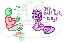 Size: 726x493 | Tagged: safe, artist:purblehoers, derpibooru import, twilight sparkle, unicorn twilight, oc, oc:anon, pony, unicorn, christmas, christmas gift, christmas tree, food, holiday, ms paint, salt, salt lick, sitting, smiling, text, tree