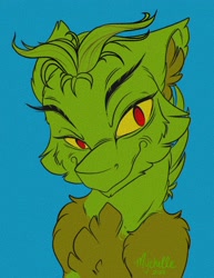 Size: 2550x3300 | Tagged: safe, artist:mychelle, derpibooru import, pony, blue background, crossover, fluffy, grainy, grinch (character), high res, how the grinch stole christmas, male, ponified, simple background, smiling, smirk, solo, stallion, the grinch