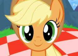 Size: 575x413 | Tagged: safe, artist:misterdavey, derpibooru import, screencap, applejack, earth pony, pony, bust, looking at you, portrait, smile hd, smiling, solo