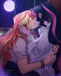 Size: 1280x1591 | Tagged: safe, artist:lzjian79, artist:moonsunisrealmm, derpibooru import, sci-twi, sunset shimmer, twilight sparkle, collaboration, equestria girls, blushing, bracelet, clothes, deep kissing, duo, female, french kiss, glasses, jewelry, kissing, lesbian, moon, nail polish, scitwishimmer, shipping, shirt, sunsetsparkle