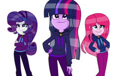 Size: 1700x1062 | Tagged: safe, alternate version, artist:kingbases, artist:speedpaintjayvee12, derpibooru import, adagio dazzle, aria blaze, pinkie pie, rarity, sonata dusk, twilight sparkle, equestria girls, alternate clothes, alternate hairstyle, base used, clothes, crossed arms, eyelashes, eyeshadow, female, females only, gem, hand on hip, hoodie, makeup, pinkamena diane pie, role reversal, simple background, siren gem, the dazzlings, transparent background, trio