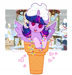 Size: 1887x1965 | Tagged: safe, artist:twilightbaby2020, derpibooru import, derpy hooves, twilight sparkle, twilight sparkle (alicorn), alicorn, pony, base used, christmas, christmas lights, colored pupils, cute, female, food, holiday, ice cream, ice cream cone, mare, open mouth, open smile, ponies in food, smiling, solo focus, spread wings, twiabetes, wings