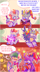 Size: 1116x2010 | Tagged: safe, artist:sockiepuppetry, derpibooru import, gallus, ocellus, sandbar, changedling, changeling, earth pony, griffon, pony, 3 panel comic, baking, book, bowl, christmas changeling, clothes, comic, cookie, dialogue, faic, female, food, male, pudding face, scarf, speech bubble, spread wings, trio, vomit, wings