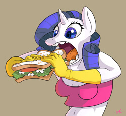 Size: 1024x942 | Tagged: safe, artist:docwario, derpibooru import, rarity, anthro, unicorn, clothes, daisy sandwich, evening gloves, food, gloves, long gloves, midriff, open mouth, sandwich, solo, tanktop, wat