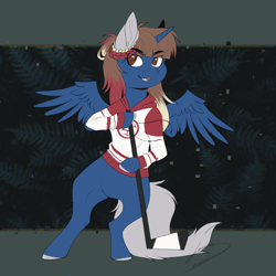 Size: 3000x3000 | Tagged: safe, artist:lunciakkk, derpibooru import, oc, oc only, oc:hoki, alicorn, pony, abstract background, alicorn oc, bipedal, commission, hockey stick, horn, open mouth, solo, wings