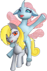 Size: 1652x2463 | Tagged: safe, artist:rainofbladess, derpibooru import, ocellus, oc, oc:lightning rider, changedling, changeling, pegasus, pony, 2023 community collab, changelings riding ponies, derpibooru community collaboration, female, happy, looking at you, male, not derpy, ocellus riding oc, open mouth, ponies riding ponies, riding, riding a pony, simple background, smiling, spread wings, tongue, tongue out, transparent background, waving, wings