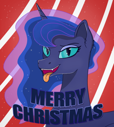 Size: 1250x1389 | Tagged: safe, artist:kingrow, derpibooru import, nightmare moon, princess luna, alicorn, pony, collaboration, bust, christmas, female, flowing mane, grin, holiday, horn, looking at you, open mouth, portrait, smiling, smiling at you, solo, tongue, tongue out