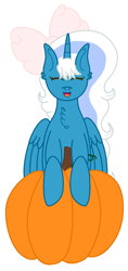 Size: 618x1312 | Tagged: safe, artist:sina142, derpibooru import, oc, oc only, oc:fleurbelle, alicorn, alicorn oc, bow, chest fluff, female, hair bow, happy, horn, mare, pumpkin, simple background, sitting, solo, white background, wings