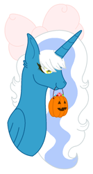 Size: 660x1228 | Tagged: safe, artist:sina142, derpibooru import, oc, oc only, oc:fleurbelle, alicorn, alicorn oc, bow, candy, cute, female, food, golden eyes, hair bow, horn, mare, pumpkin bucket, simple background, solo, white background, wings