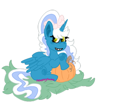 Size: 822x750 | Tagged: safe, artist:bitteradopts, derpibooru import, oc, oc only, oc:fleurbelle, alicorn, alicorn oc, bow, female, golden eyes, hair bow, horn, mare, pumpkin, simple background, solo, transparent background, wings