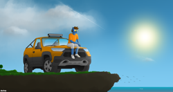 Size: 4098x2184 | Tagged: safe, artist:av1ra, derpibooru import, oc, oc only, anthro, bird, seagull, car, cliff, lada, ocean, solo, sun, tree, water