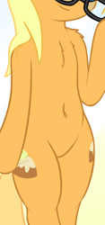Size: 378x809 | Tagged: safe, artist:fearingfun, derpibooru import, edit, apple cobbler, earth pony, pony, semi-anthro, apple family member, belly, belly button, bipedal, chest fluff, cropped, glasses, pictures of bellies, smiling, solo