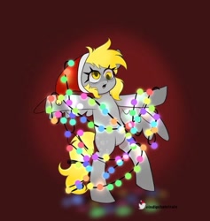 Size: 947x997 | Tagged: safe, artist:indigohatetrain, derpibooru import, derpy hooves, pegasus, pony, a hearth's warming tail, bipedal, christmas, christmas lights, hat, hearth's warming, holiday, santa hat, solo, watermark