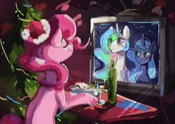 Size: 1748x1240 | Tagged: safe, artist:charlot, derpibooru import, pinkie pie, princess celestia, princess luna, alicorn, earth pony, pony, christmas, christmas tree, earth, female, happy new year, hat, holiday, mare, parody, royal sisters, santa hat, siblings, sisters, sitting, television, tree