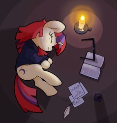 Size: 2000x2100 | Tagged: safe, artist:kumakum, derpibooru import, moondancer, pony, unicorn, book, candle, cute, digital art, female, glasses off, inkwell, lying down, mare, on side, quill, sleeping, smiling, solo