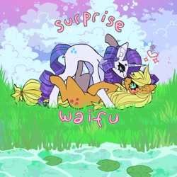 Size: 1134x1134 | Tagged: safe, artist:batthsalts, derpibooru import, applejack, rarity, earth pony, pony, unicorn, female, heart, lesbian, lying down, on back, rarijack, shipping, smiling, text