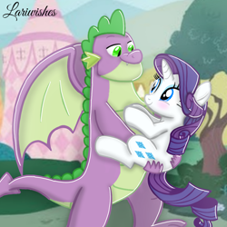 Size: 1300x1300 | Tagged: safe, artist:mlplary6, derpibooru import, rarity, spike, dragon, pony, unicorn, blushing, butt touch, carrying, female, hand on butt, holding a pony, looking at each other, looking at someone, male, mare, older, older spike, shipping, smiling, smiling at each other, sparity, straight, walking