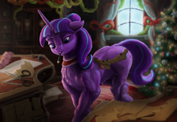 Size: 3620x2484 | Tagged: safe, artist:apelairplane, derpibooru import, starlight glimmer, unicorn, christmas, christmas tree, curtains, female, holiday, mare, pencil, s5 starlight, scissors, solo, tree