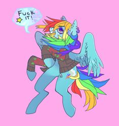 Size: 834x888 | Tagged: safe, artist:batthsalts, derpibooru import, rainbow dash, pegasus, pony, clothes, ear piercing, female, piercing, pink background, simple background, solo, text, vulgar