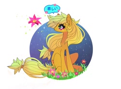 Size: 929x680 | Tagged: safe, artist:batthsalts, derpibooru import, applejack, earth pony, pony, female, japanese, sitting, smiling, solo