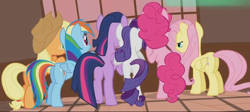 Size: 1278x571 | Tagged: safe, derpibooru import, screencap, applejack, fluttershy, pinkie pie, rainbow dash, rarity, twilight sparkle, twilight sparkle (alicorn), alicorn, earth pony, pegasus, pony, unicorn, slice of life (episode), butt, cropped, group, mane six, peeking, plot, rear view