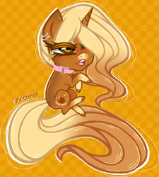 Size: 1280x1422 | Tagged: safe, artist:conflei, derpibooru import, oc, oc only, pony, unicorn, abstract background, chibi, collar, ear piercing, earring, eyelashes, female, hair over one eye, hoof polish, hoofy-kicks, horn, jewelry, mare, piercing, solo, unicorn oc