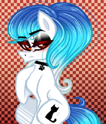 Size: 872x1024 | Tagged: safe, artist:conflei, derpibooru import, oc, oc only, earth pony, pony, abstract background, choker, earth pony oc, eyelashes, female, frown, lidded eyes, makeup, mare, paw prints, solo