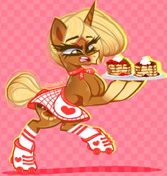 Size: 1280x1344 | Tagged: safe, artist:conflei, derpibooru import, oc, oc only, pony, unicorn, 1950s, 50s, abstract background, bipedal, clothes, eyelashes, female, food, horn, mare, pancakes, roller skates, skates, skirt, solo, tray, unicorn oc