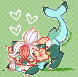 Size: 1280x1263 | Tagged: safe, artist:conflei, derpibooru import, oc, oc only, original species, pony, shark, shark pony, abstract background, blushing, chibi, cute, eyelashes, face down ass up, female, flower, flower in hair, heart, mare, open mouth, solo