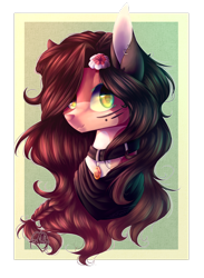 Size: 2094x2864 | Tagged: safe, artist:prettyshinegp, derpibooru import, oc, oc only, earth pony, pony, bedroom eyes, bust, collar, ear piercing, earring, earth pony oc, female, flower, flower in hair, jewelry, mare, piercing, simple background, smiling, solo, transparent background