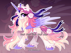 Size: 4096x3063 | Tagged: safe, artist:gkolae, derpibooru import, oc, oc only, alicorn, alicorn oc, eyelashes, flower, flower in hair, horn, raised hoof, raised leg, smiling, unshorn fetlocks, wings, zoom layer