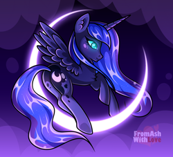 Size: 2200x2000 | Tagged: safe, artist:loverashley, derpibooru import, princess luna, alicorn, pony, crescent moon, ear fluff, ears, female, glowing, glowing eyes, mare, moon, smiling, solo, tangible heavenly object, transparent moon