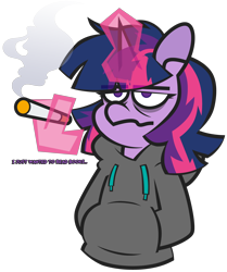 Size: 4268x5115 | Tagged: safe, artist:threetwotwo32232, derpibooru import, twilight sparkle, alicorn, pony, cigarette, clothes, female, glowing, glowing horn, horn, magic, magic aura, mare, simple background, smoking, solo, sweater, telekinesis, transparent background