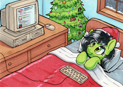 Size: 2068x1471 | Tagged: safe, artist:dandy, derpibooru import, oc, oc only, oc:anon filly, earth pony, /mlp/, 4chan, bed, christmas, christmas tree, computer, copic, earth pony oc, eye clipping through hair, female, filly, foal, hat, holiday, keyboard, lying down, lying on bed, on bed, ornaments, pillow, santa hat, smiling, snow, solo, traditional art, tree, tucking in, window