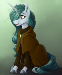 Size: 2500x3000 | Tagged: safe, artist:stardustspix, oc, oc only, oc:bright eyes, pony, unicorn, cloak, clothes, hair over one eye, looking to side, looking to the left, sitting, solo