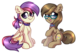 Size: 1436x993 | Tagged: safe, artist:caligula, artist:fluttershykin, derpibooru import, oc, oc only, oc:dawnsong, oc:evensong, earth pony, pegasus, 2023 community collab, choker, collar, derpibooru community collaboration, duo, glasses, ponytail, simple background, transparent background