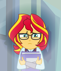 Size: 4944x5760 | Tagged: safe, artist:emeraldblast63, artist:rosemile mulberry, artist:xan-gelx, derpibooru import, sunset shimmer, human, comic:the tale of two sunsets, equestria girls, book, clothes, crystal prep academy uniform, female, glasses, human sunset, school uniform