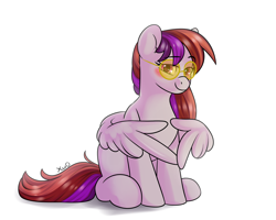 Size: 3000x2400 | Tagged: safe, artist:xwosya, derpibooru import, oc, oc only, oc:xwosya, pegasus, pony, blushing, ear fluff, ears, female, glasses, pink eyes, round glasses, simple background, sitting, smiling, smirk, solo, uwu, white background, wing hands, wings, 👉👈