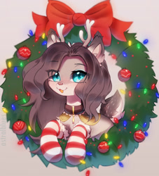 Size: 1280x1412 | Tagged: safe, artist:astralblues, derpibooru import, oc, oc only, deer, christmas, christmas wreath, clothes, eye clipping through hair, female, holiday, looking at you, open mouth, ornament, socks, solo, striped socks, wreath