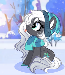 Size: 2324x2648 | Tagged: safe, artist:emberslament, derpibooru import, oc, oc only, oc:winter mint, earth pony, pony, beanie, butt freckles, clothes, earth pony oc, female, freckles, hat, mare, scarf, sitting, snow, snowfall, snowflake, solo, striped scarf, tongue, tongue out, winter