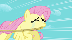 Size: 1920x1080 | Tagged: safe, derpibooru import, screencap, fluttershy, pegasus, pony, season 2, the return of harmony, crying, eyes closed, female, flying, mare, rope, solo