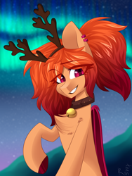 Size: 1500x2000 | Tagged: safe, artist:rinteen, derpibooru import, oc, oc only, oc:cinnamon dust, bat pony, deer, aurora borealis, bat pony oc, bell, bell collar, chest fluff, collar, smiling, solo