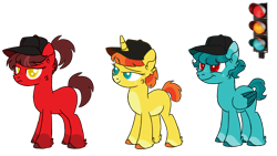 Size: 1280x720 | Tagged: safe, artist:fuckomcfuck, derpibooru import, oc, oc:go, oc:stop, oc:wait, earth pony, pegasus, pony, unicorn, cap, green, hat, red, simple background, solo, traffic light, traffic light triplets, transparent background, triplets, yellow